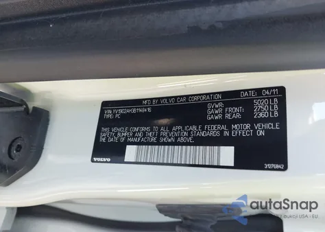 2011 Volvo S80 T6 z USA, uszkodzony, nr VIN YV1902AH3B1148416